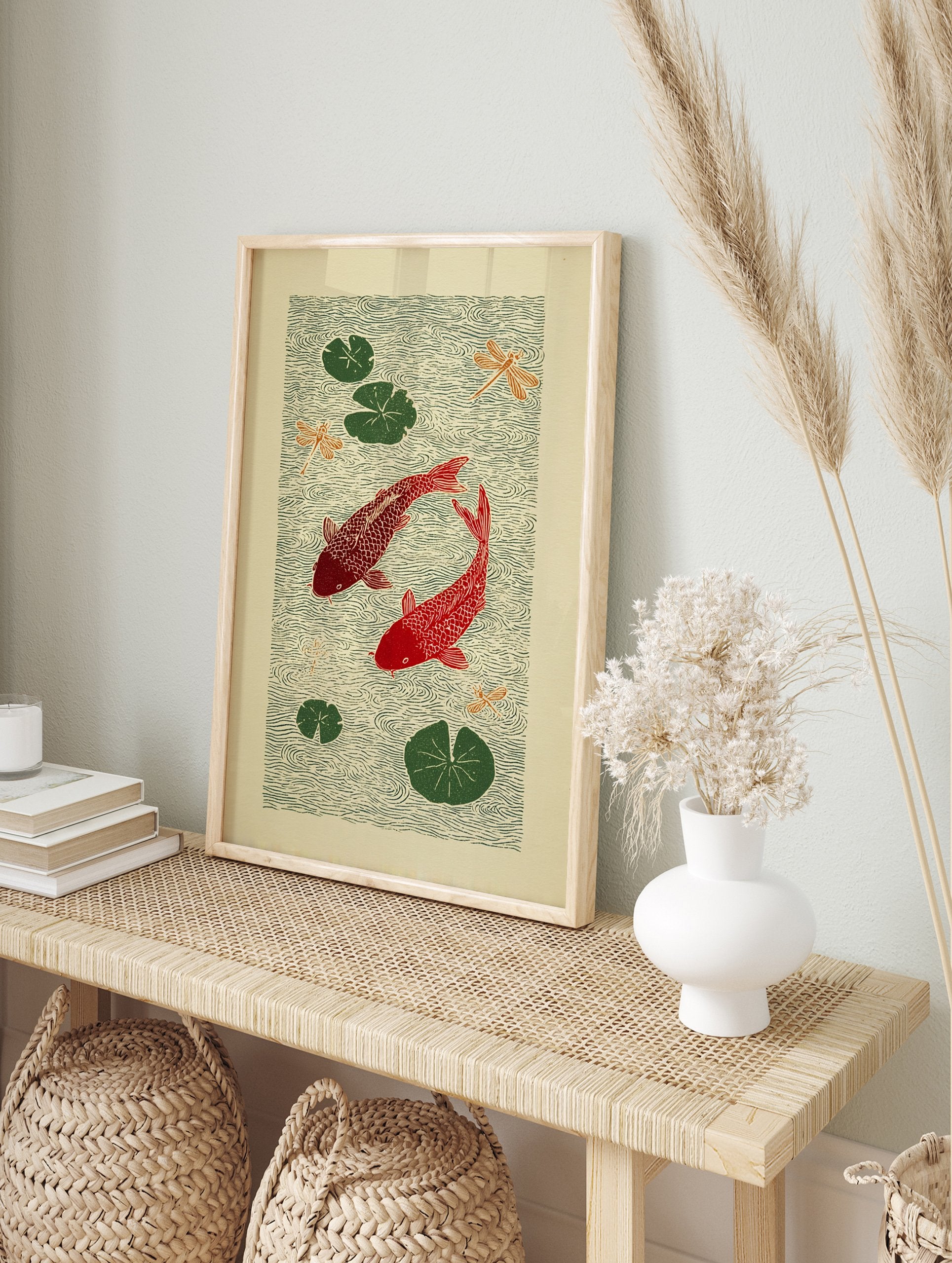 Japanese style red koi fish poster with green lily pads and orange dragonflies on rippling green water. - Image 4