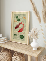 Japanese style red koi fish poster with green lily pads and orange dragonflies on rippling green water. - Image 4
