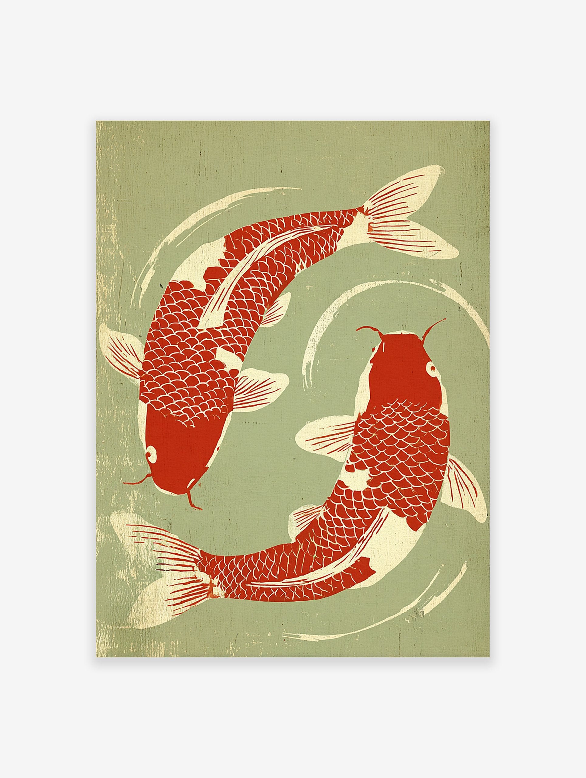 A Japanese style koi fish poster featuring two red and cream koi swimming in a circular pattern on a sage green background.