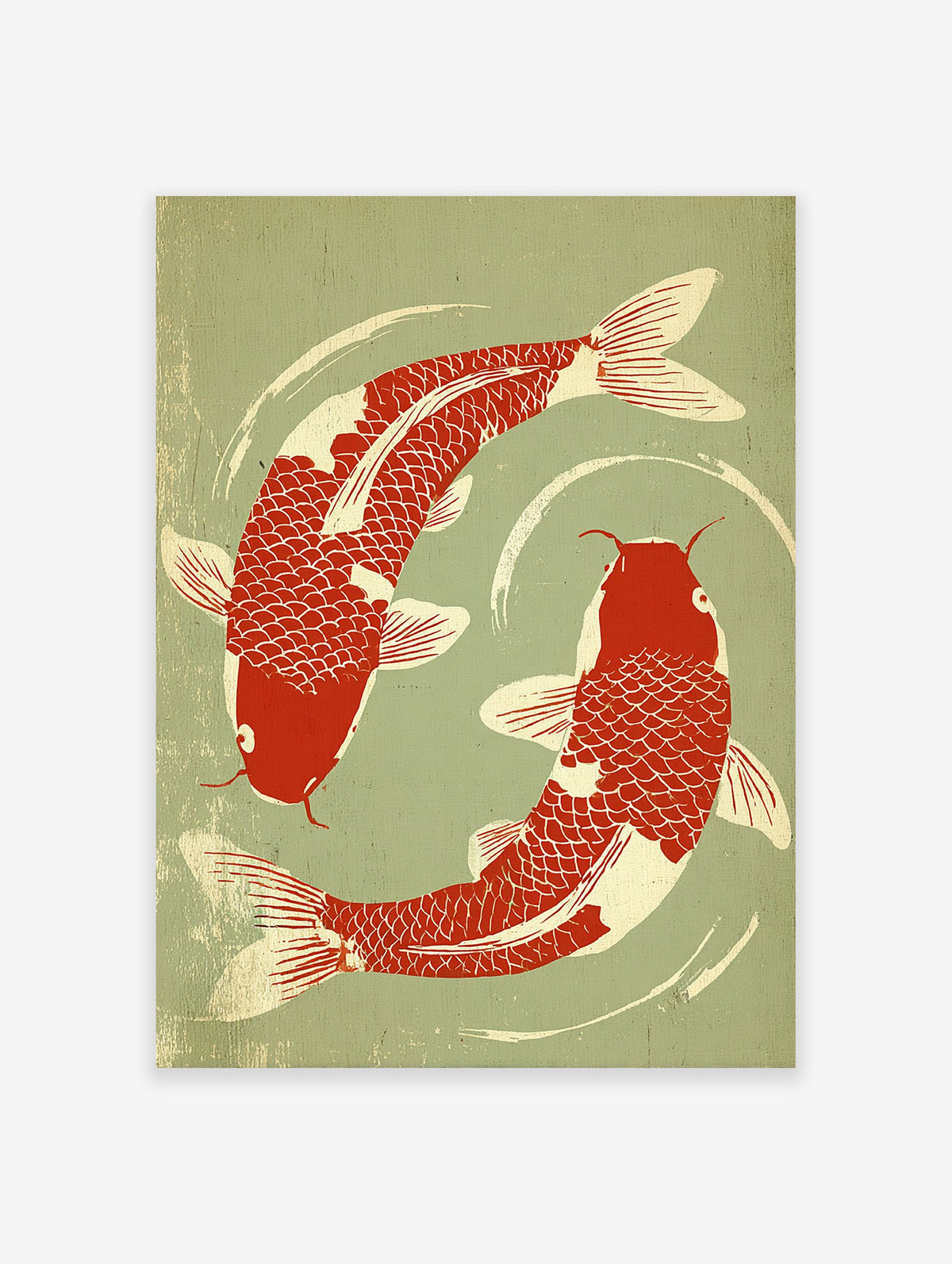 A Japanese style koi fish poster featuring two red and cream koi swimming in a circular pattern on a sage green background.