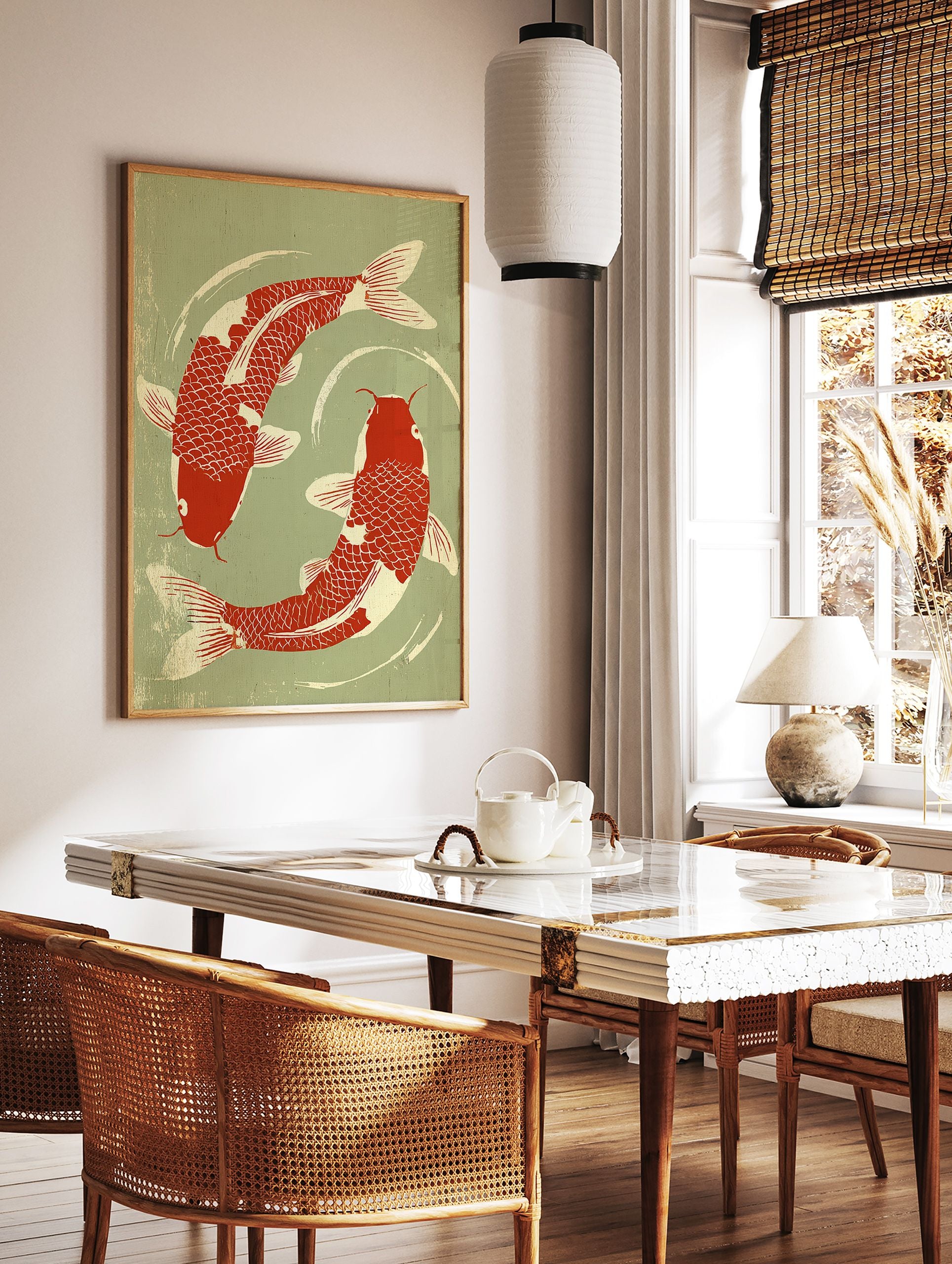 A Japanese style koi fish poster featuring two red and cream koi swimming in a circular pattern on a sage green background. - Image 2