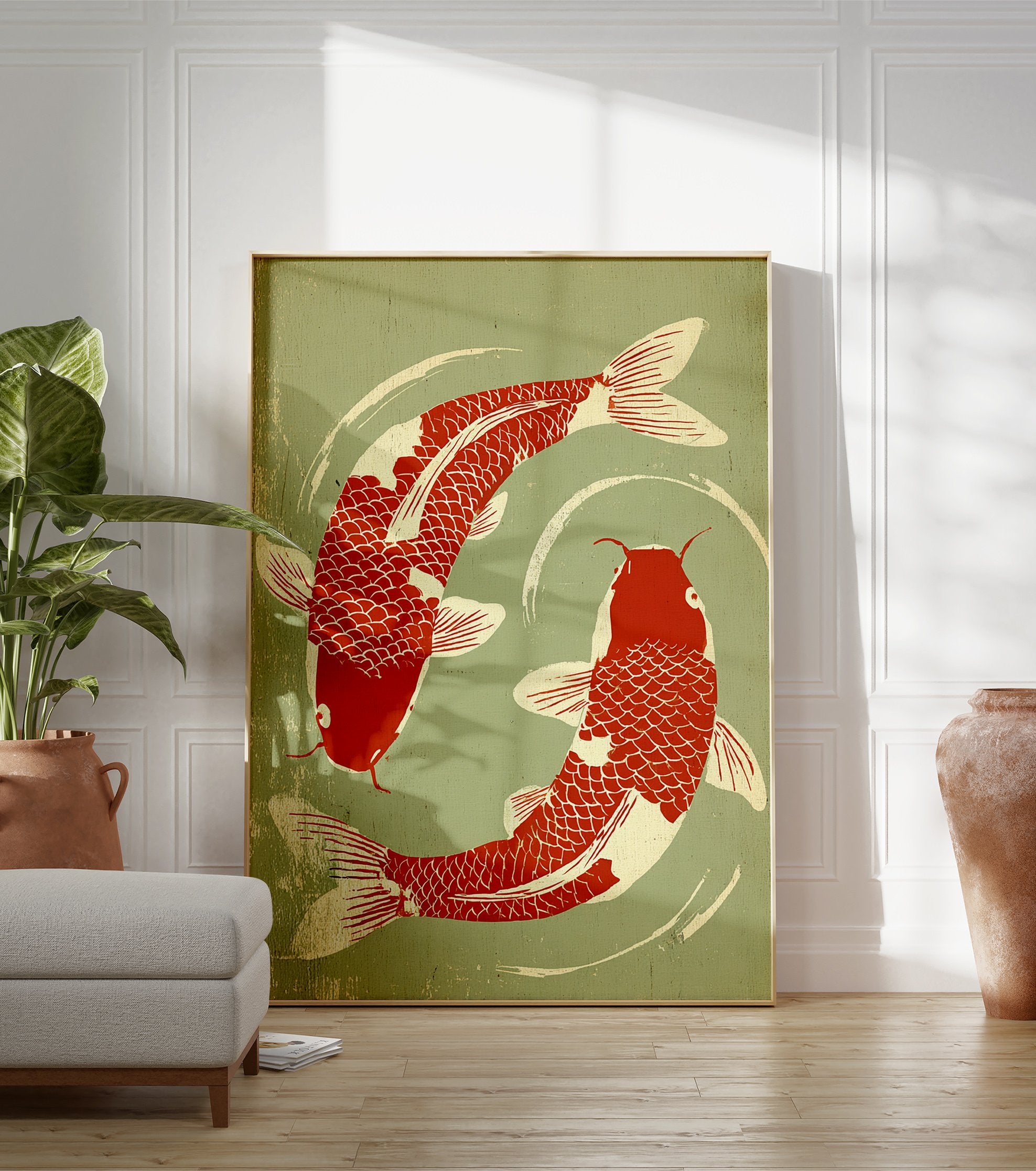 A Japanese style koi fish poster featuring two red and cream koi swimming in a circular pattern on a sage green background. - Image 3
