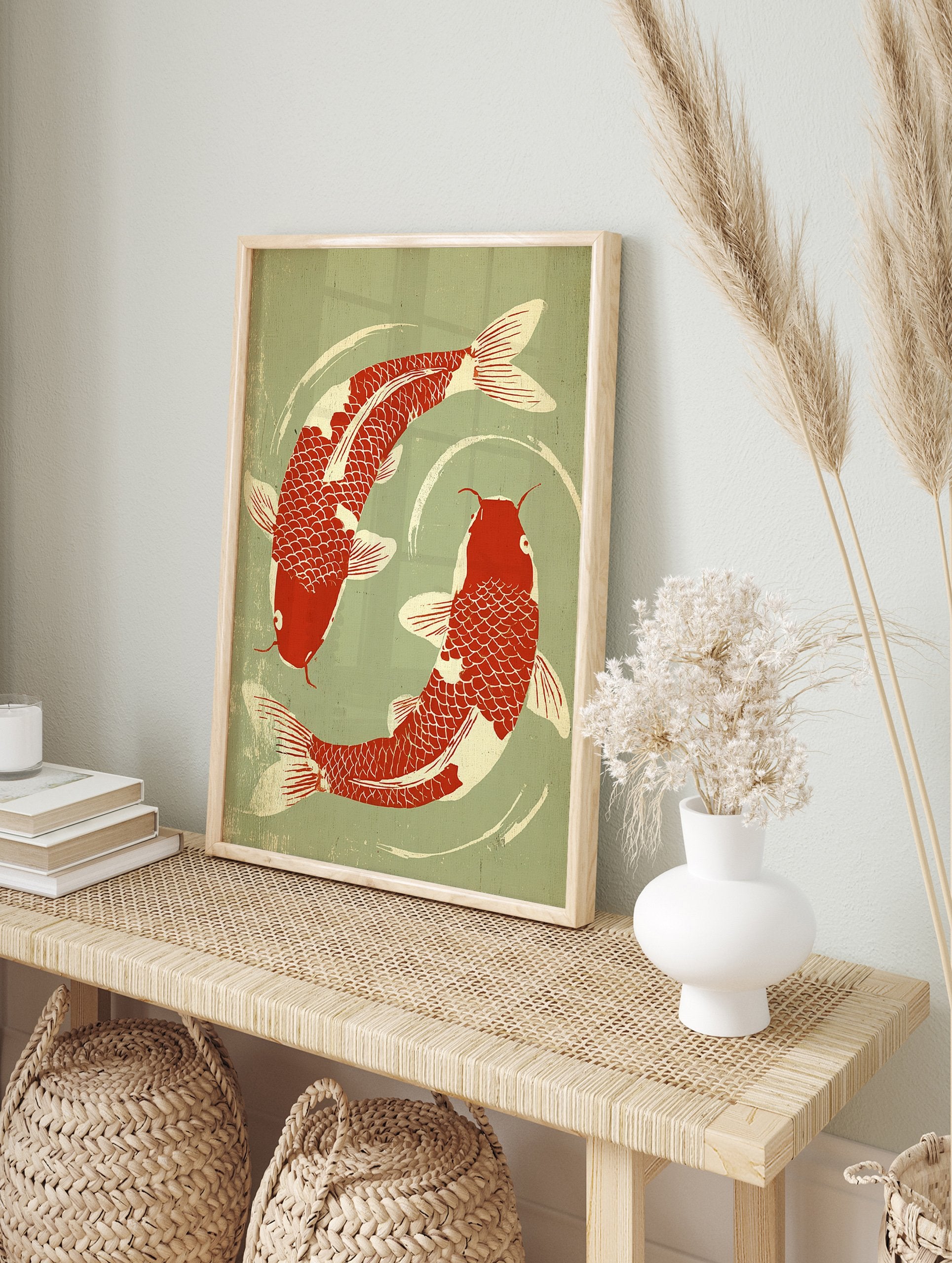 A Japanese style koi fish poster featuring two red and cream koi swimming in a circular pattern on a sage green background. - Image 4