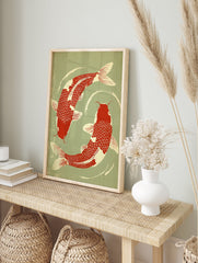 A Japanese style koi fish poster featuring two red and cream koi swimming in a circular pattern on a sage green background. - Image 4