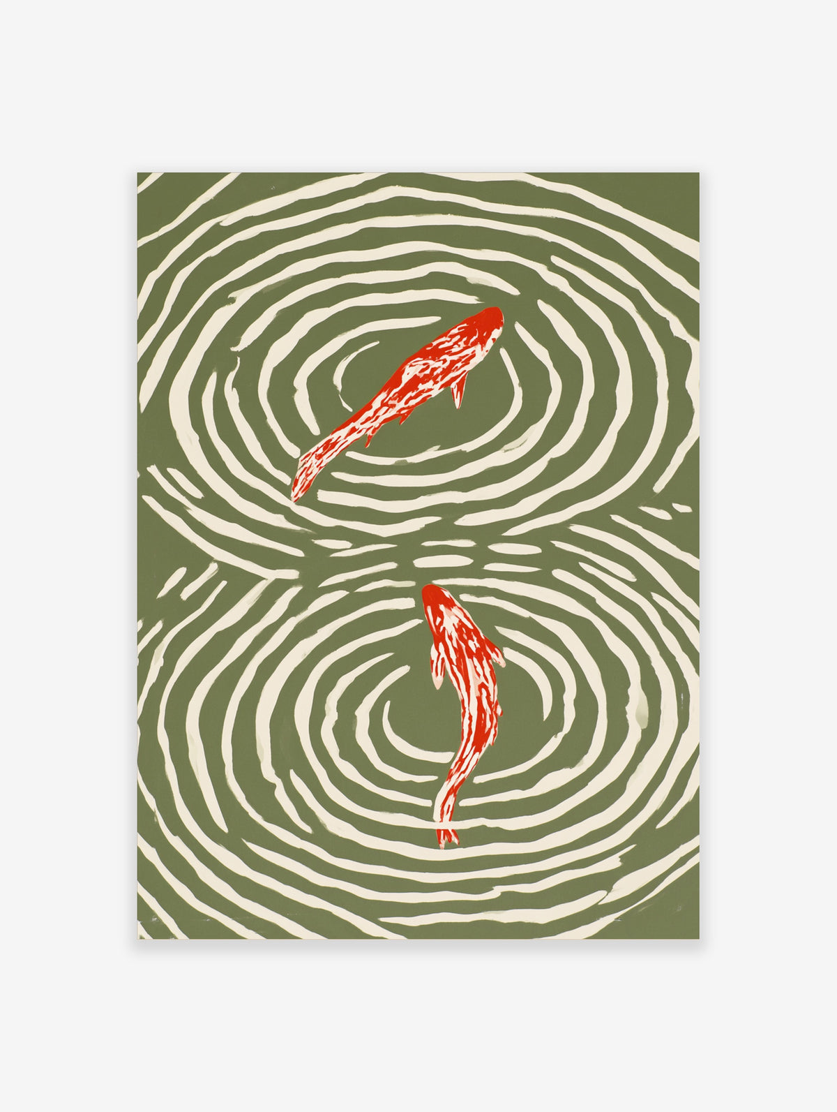 Red koi fish poster with two carp circling in cream water ripples on olive green background