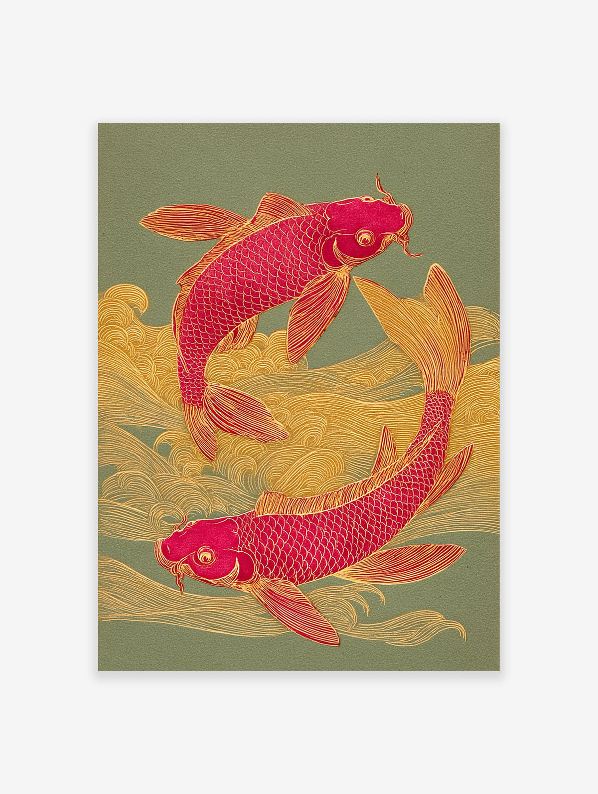 Two red koi fish swimming in golden waves on a green background, in a traditional Japanese art style print.