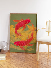 Two red koi fish swimming in golden waves on a green background, in a traditional Japanese art style print. - Image 2