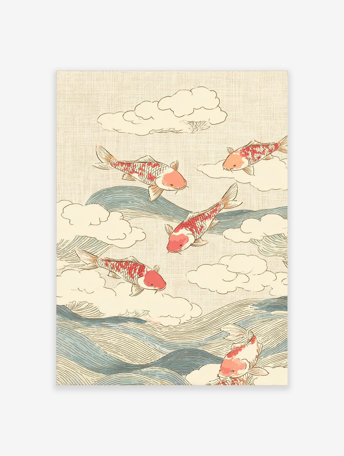 Red and white koi fish leaping over blue waves and white clouds on a beige textured background, in a Japanese illustrative