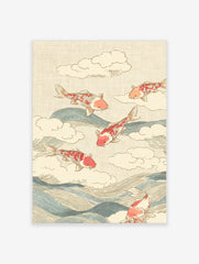 Red and white koi fish leaping over blue waves and white clouds on a beige textured background, in a Japanese illustrative