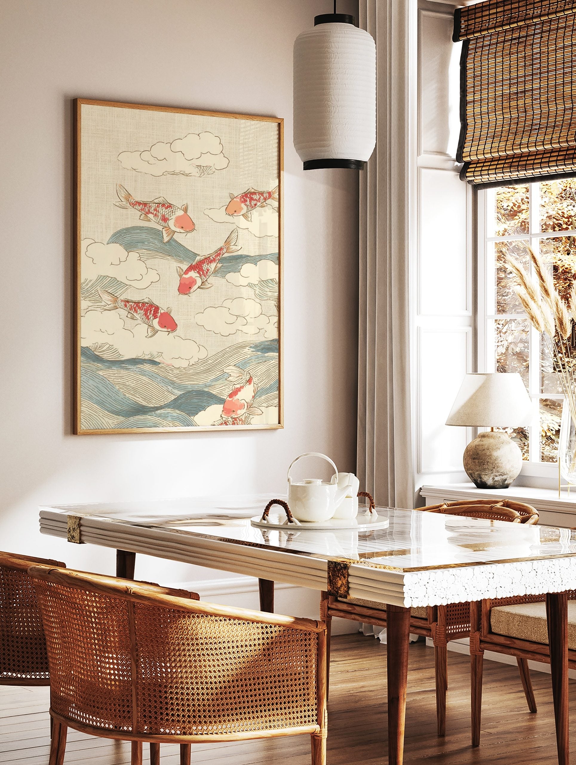 Red and white koi fish leaping over blue waves and white clouds on a beige textured background, in, in a styled room mockup
