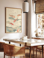 Red and white koi fish leaping over blue waves and white clouds on a beige textured background, in, in a styled room mockup