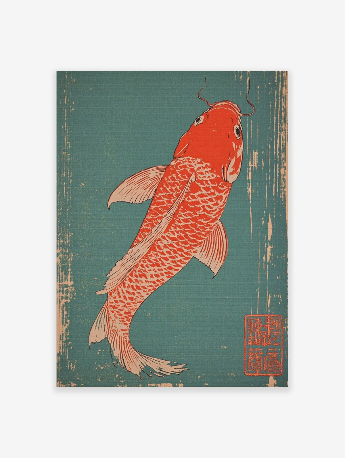 Red Koi fish with white scales and fins, in a Japanese woodblock print style, swimming on a distressed teal background