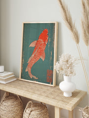 Red Koi fish with white scales and fins, in a Japanese woodblock print style, swimming on a, in an alternate framed mockup