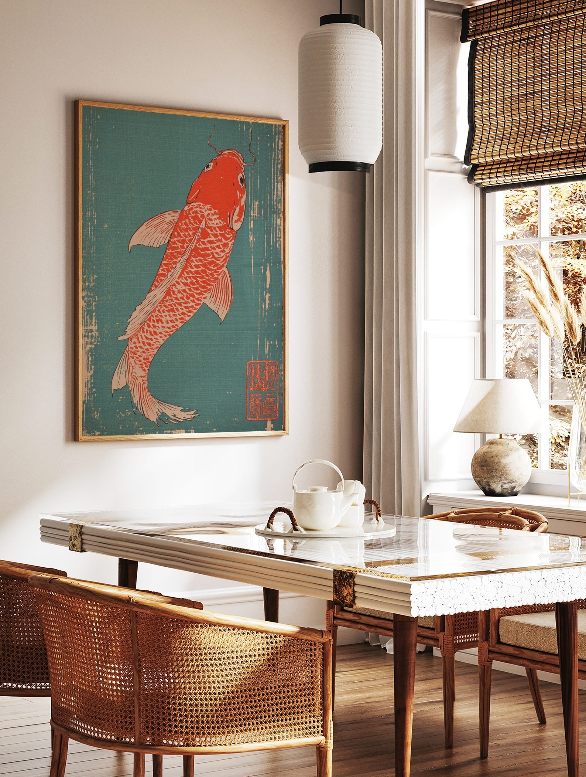 Red Koi fish with white scales and fins, in a Japanese woodblock print style, swimming on a, in a styled room mockup