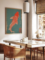 Red Koi fish with white scales and fins, in a Japanese woodblock print style, swimming on a, in a styled room mockup