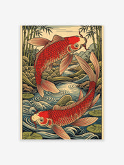 Two red koi fish swimming in a flowing stream with green bamboo, in a Japanese woodblock art style