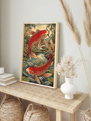 Two red koi fish swimming in a flowing stream with green bamboo, in a Japanese woodblock art style, in an alternate framed