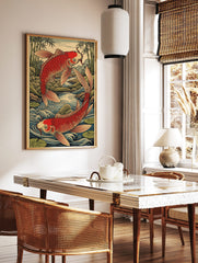 Two red koi fish swimming in a flowing stream with green bamboo, in a Japanese woodblock art style, in a styled room mockup