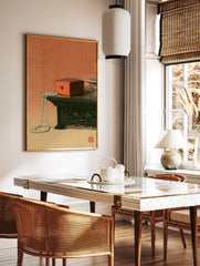 Still life art print of a red lacquer box and pearl necklace on a wooden table with a red seal stamp, in a styled room mockup