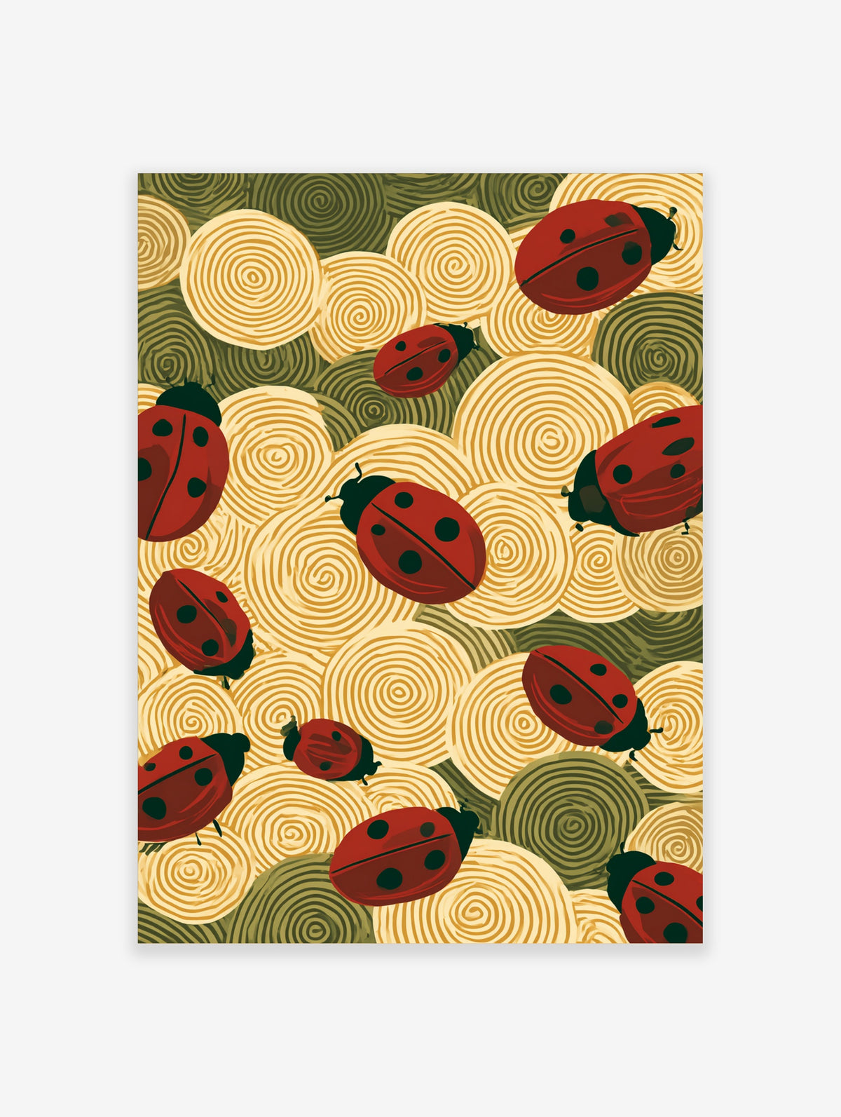 Red ladybird pattern art print with cream and olive woodgrain log slices
