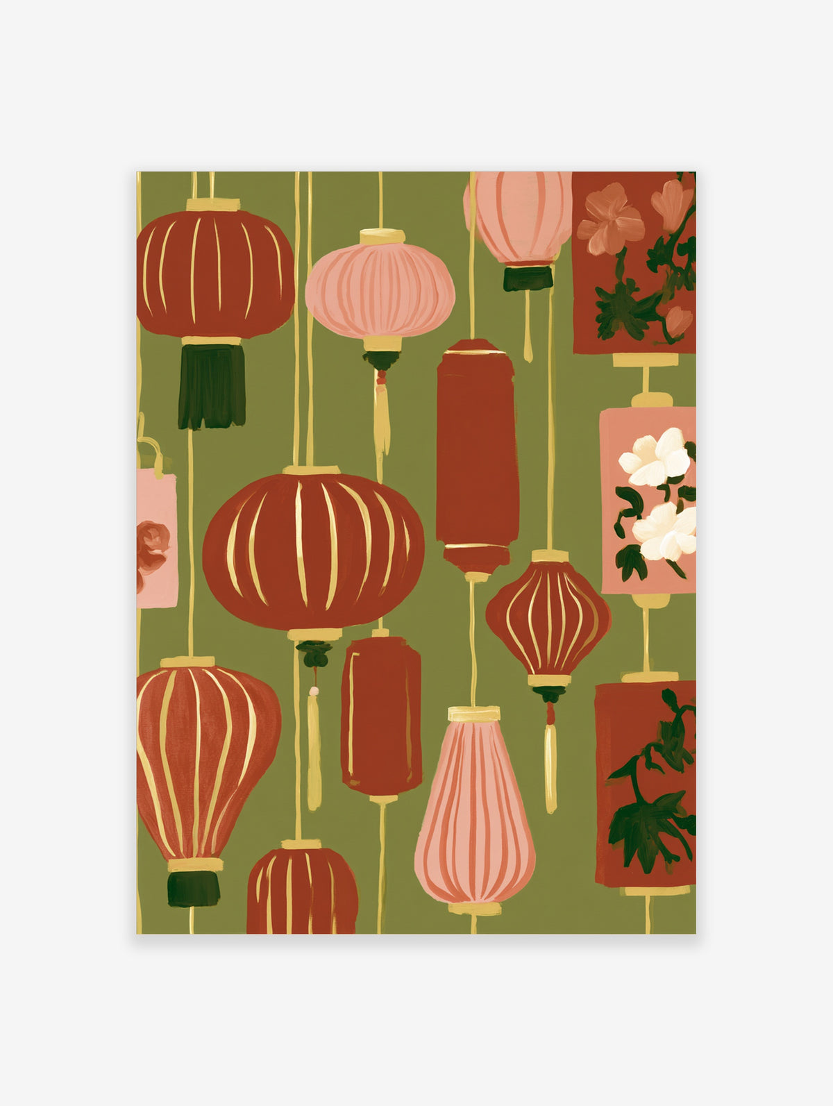 Red and pink paper lanterns with floral motifs on olive green background, oriental wall art print