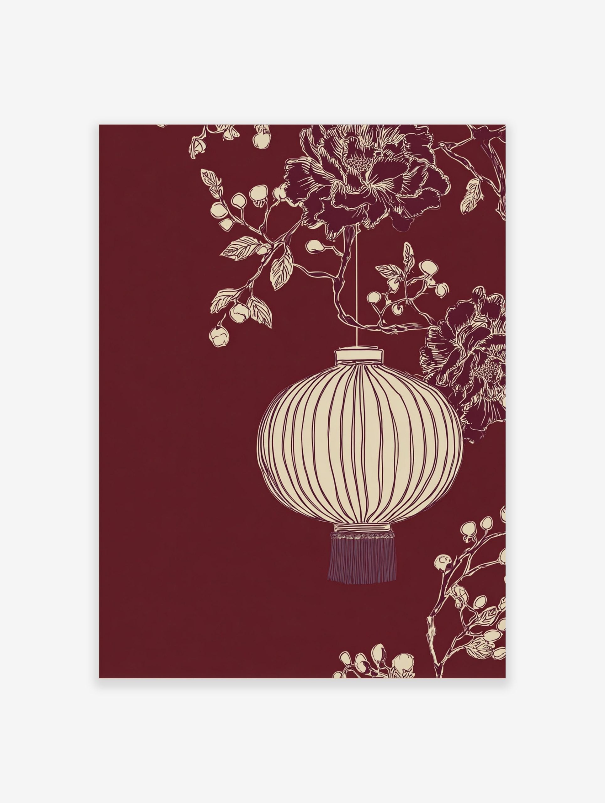 Illustrative off-white Chinese lantern with peonies and berries on a deep red background