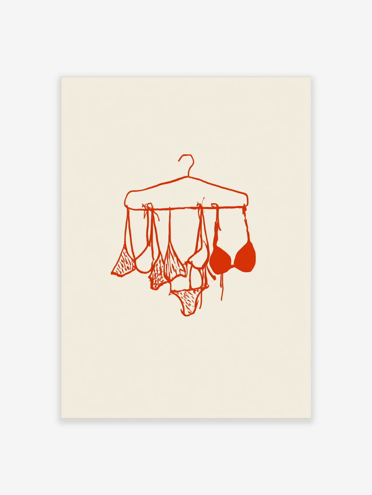 Red line art illustration of a wire hanger holding bras and briefs on a cream background