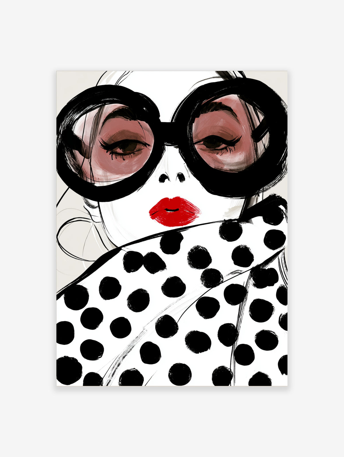 Fashion illustration poster of a face with oversized black sunglasses, red lipstick, and polka dot scarf