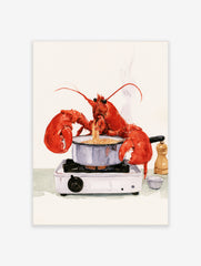 Watercolour illustration of a red lobster cooking spaghetti on a portable gas stove with a pepper mill, on white background