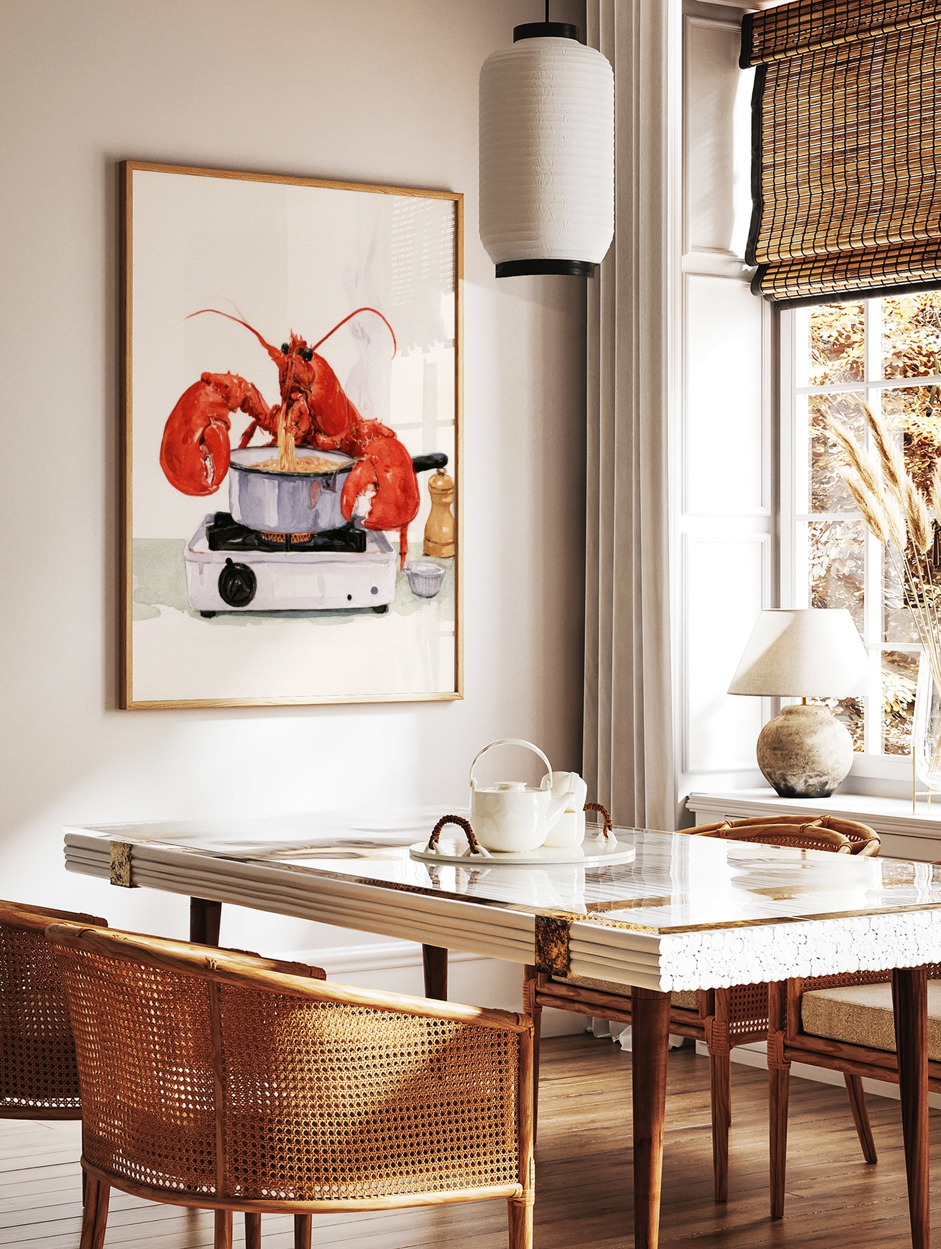 Watercolour illustration of a red lobster cooking spaghetti on a portable gas stove with a pepper, in a styled room mockup