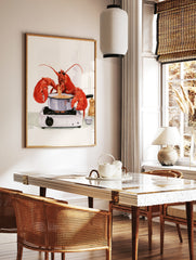 Watercolour illustration of a red lobster cooking spaghetti on a portable gas stove with a pepper, in a styled room mockup