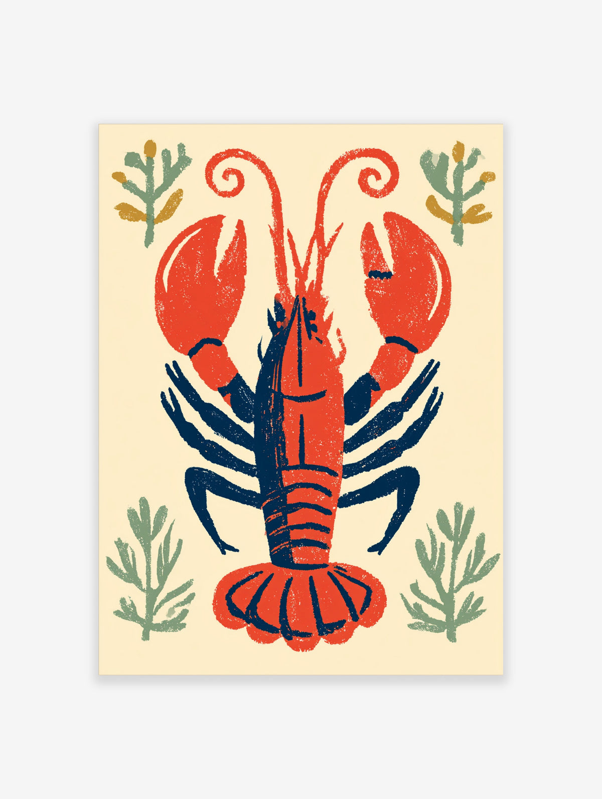 Red lobster poster with navy legs and green seaweed on cream background