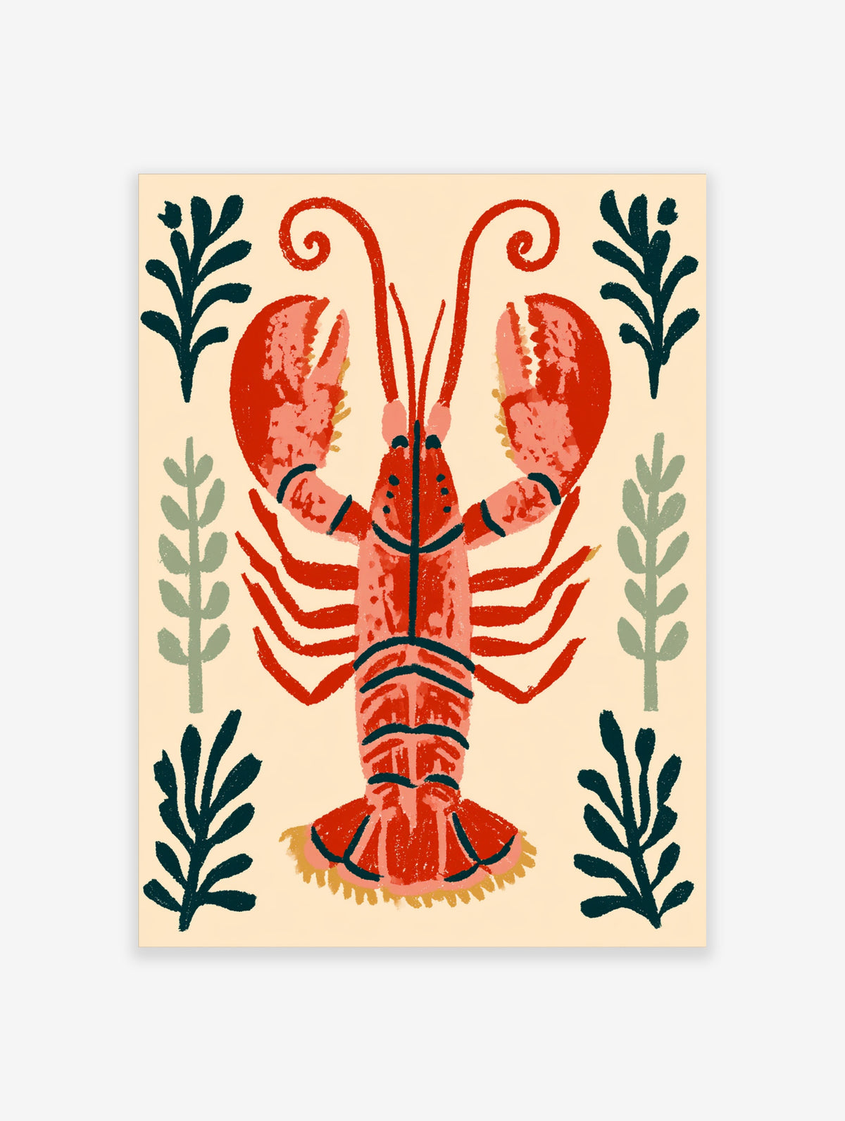 Red lobster poster with symmetrical crustacean, stylised seaweed and cream background
