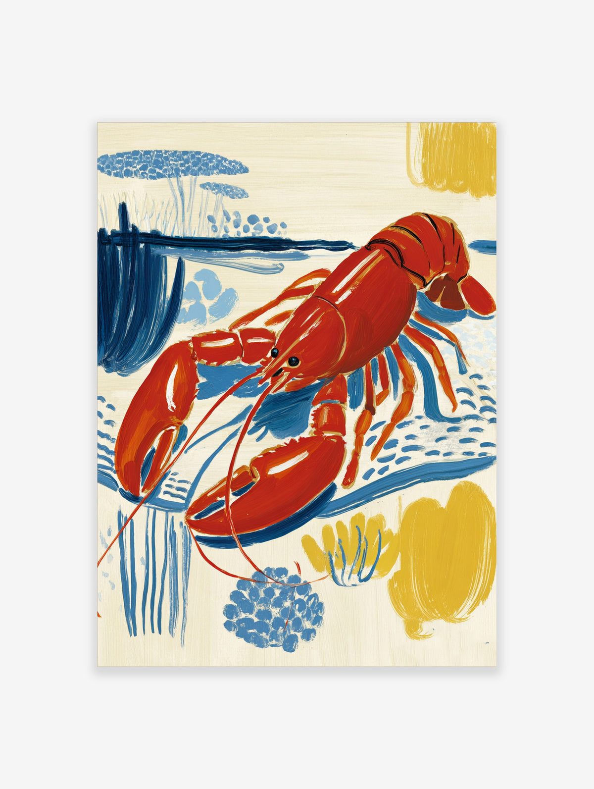 Red lobster poster with blue and yellow coastal motifs on cream background, illustrative seafood wall art