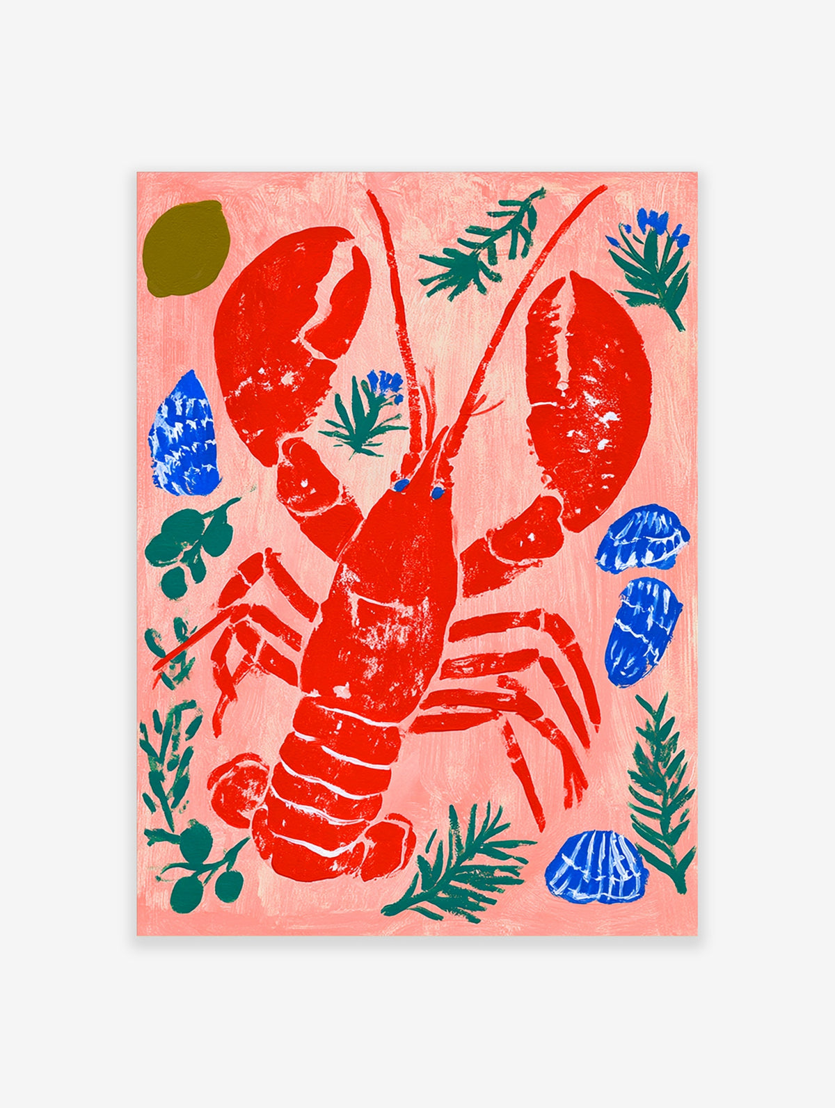 Red lobster poster with blue shells and green seaweed on a pink background, coastal kitchen wall art print