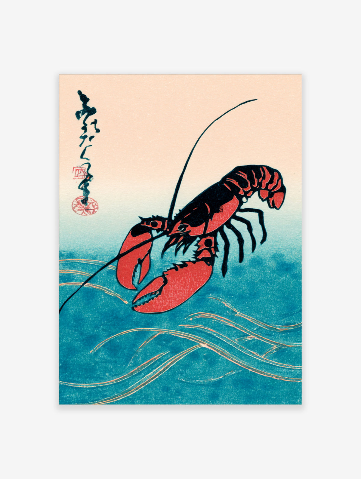 Red lobster Japanese woodblock style poster with black calligraphy and teal wave lines on cream background