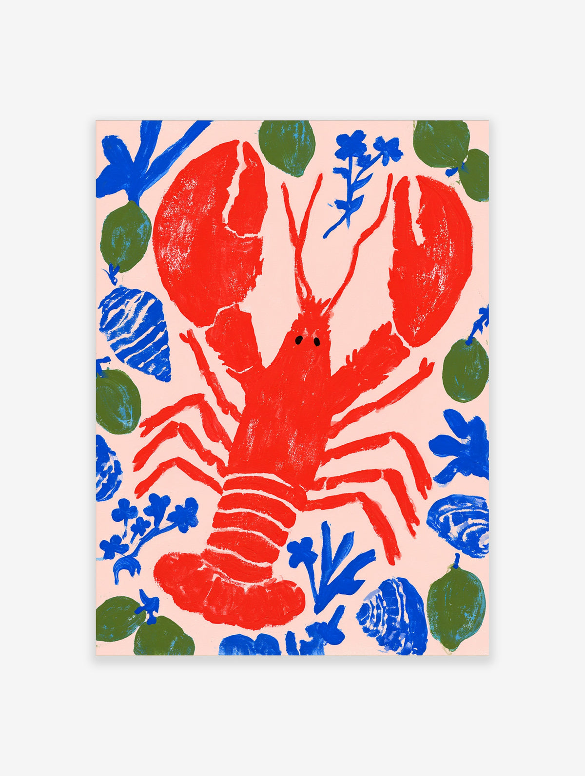 Red lobster art print with blue shells, green limes, and blue botanical shapes on a pale pink background