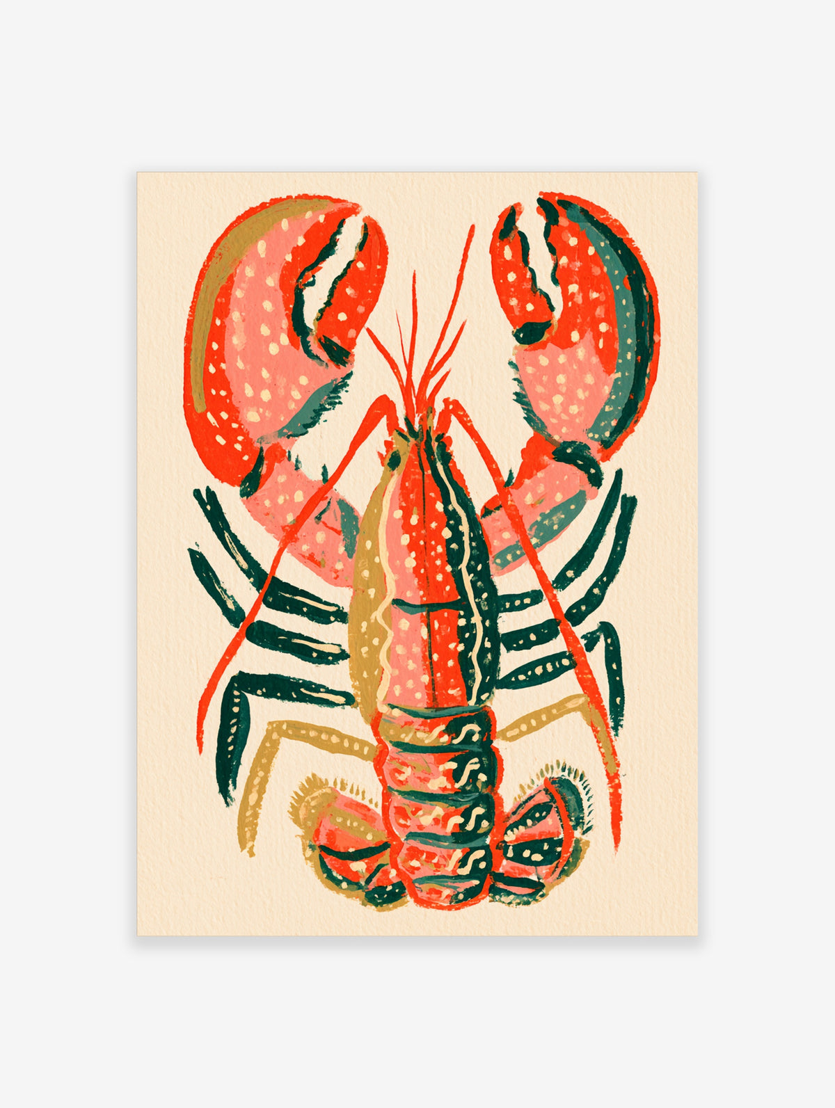Red lobster illustration print with large spotted claws and teal legs on a cream background