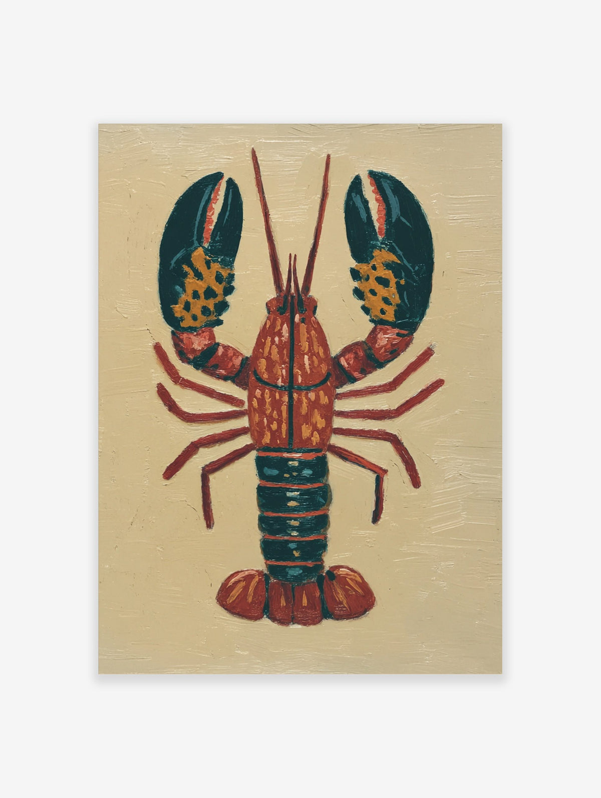 Illustrative red lobster wall art print with dark teal claws and orange spots on a light beige background