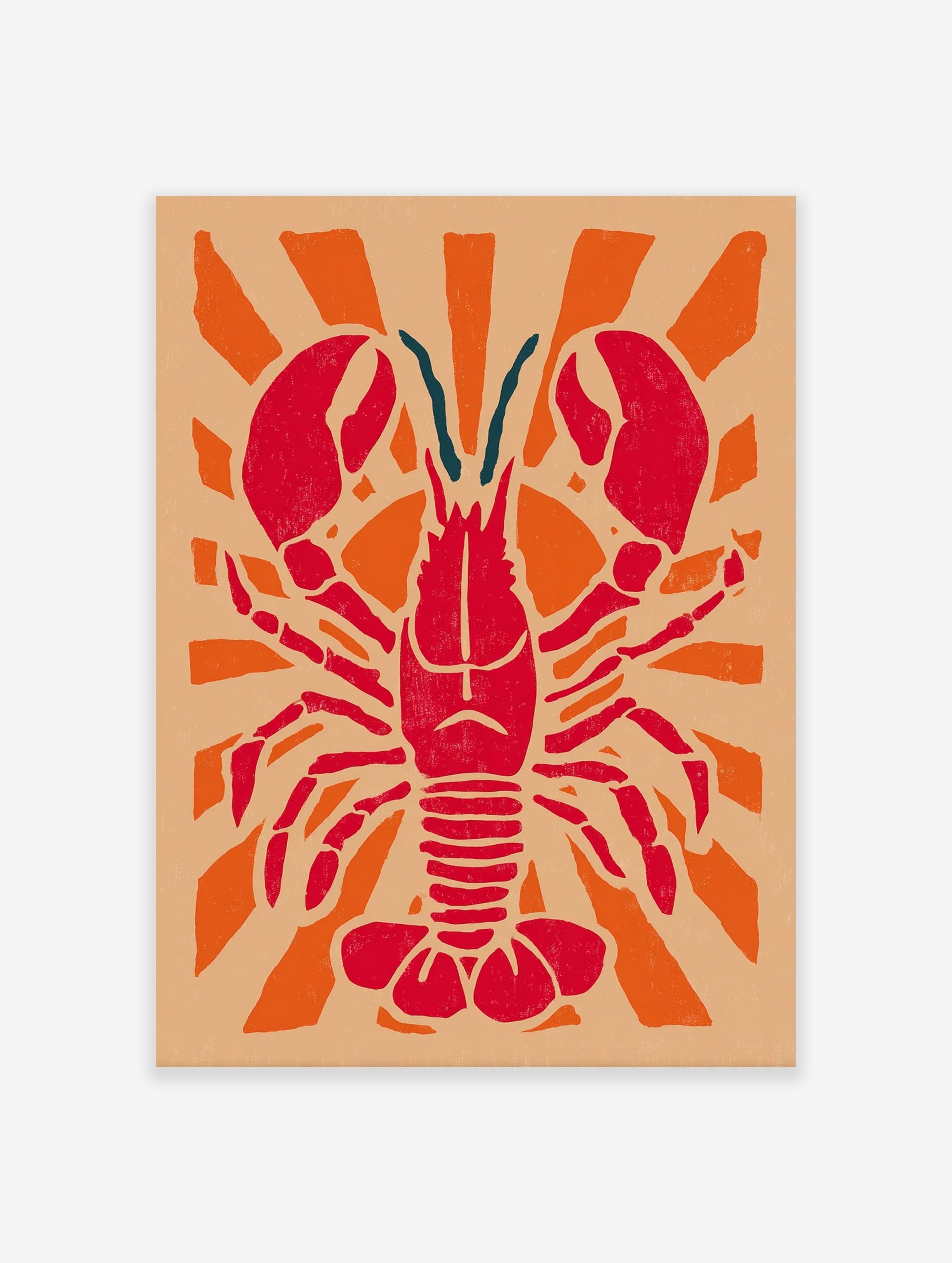 Red lobster illustration with large claws and teal antennae, centered on an orange sunburst background