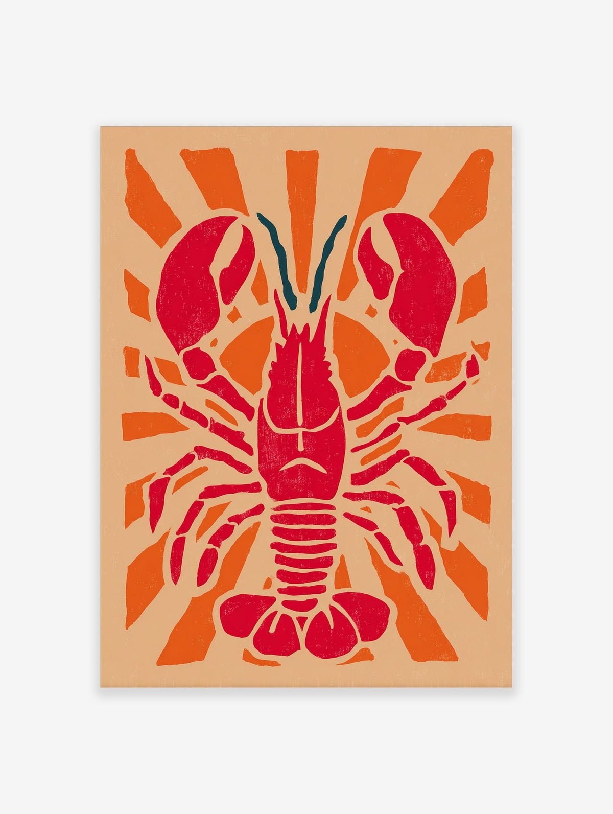 Red lobster illustration with large claws and teal antennae, centered on an orange sunburst background