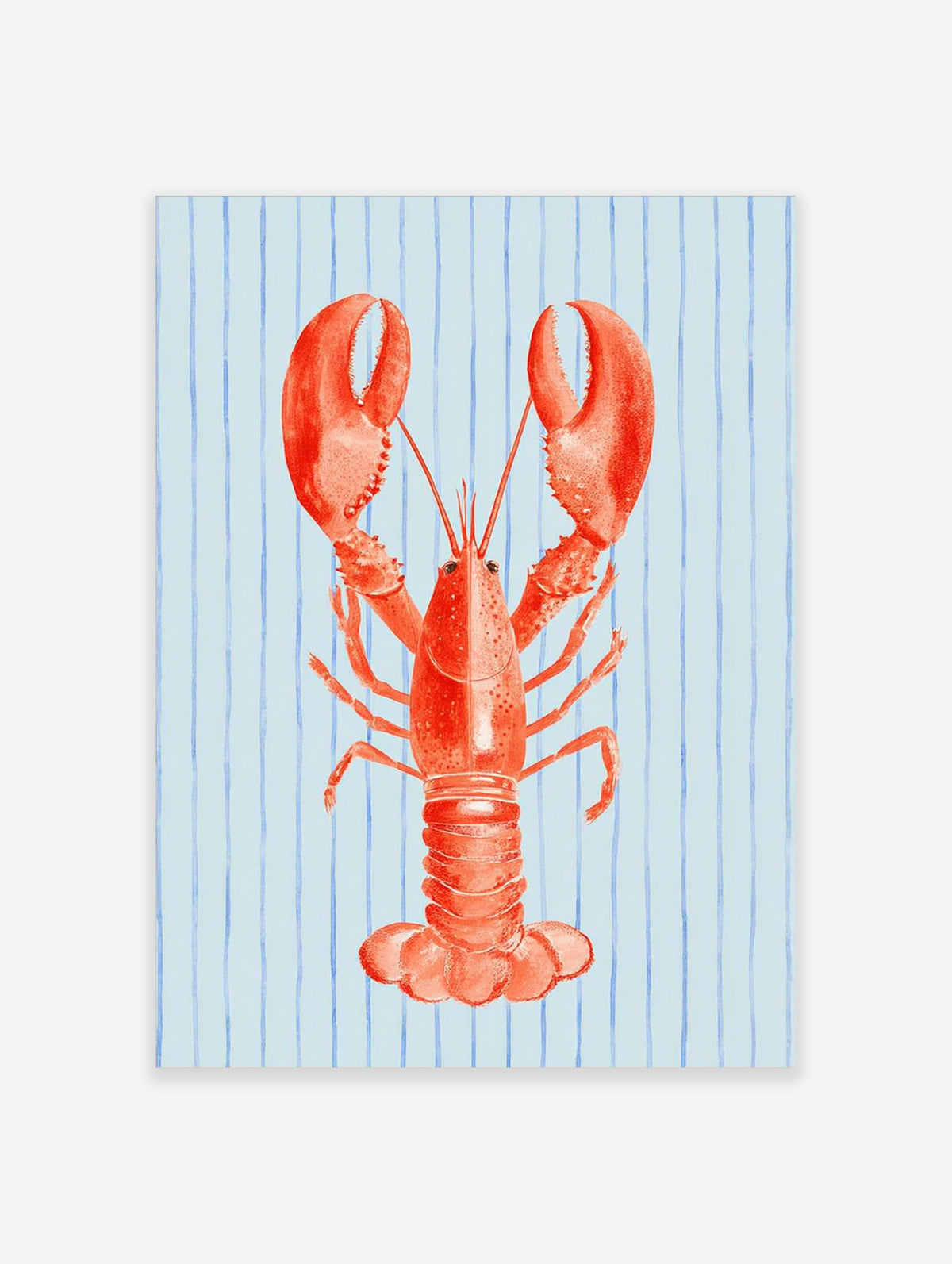 Illustrative red lobster wall art print on a light blue background with vertical blue stripes
