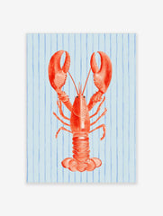 Illustrative red lobster wall art print on a light blue background with vertical blue stripes