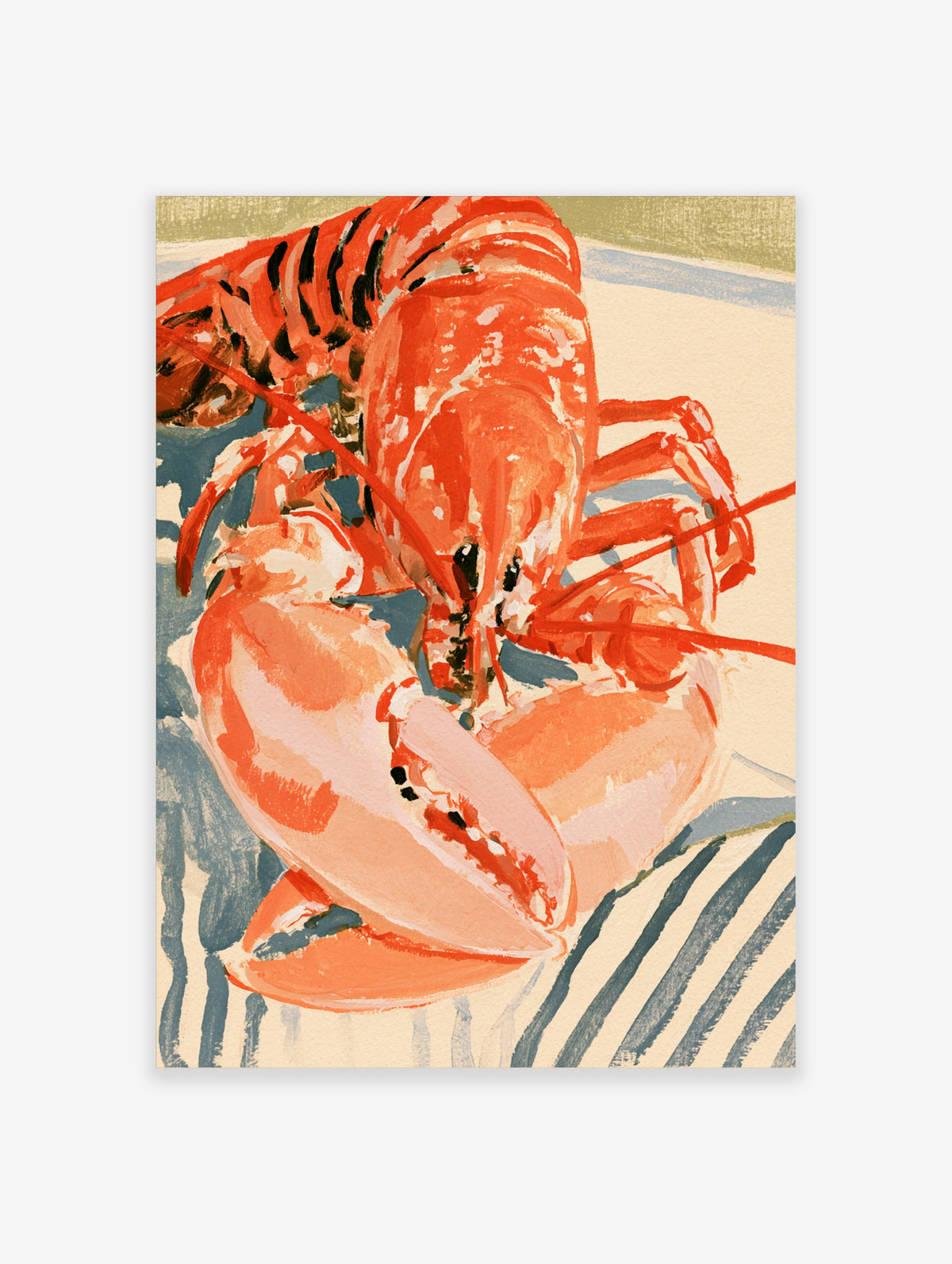 Red lobster food print with large claws and blue striped background