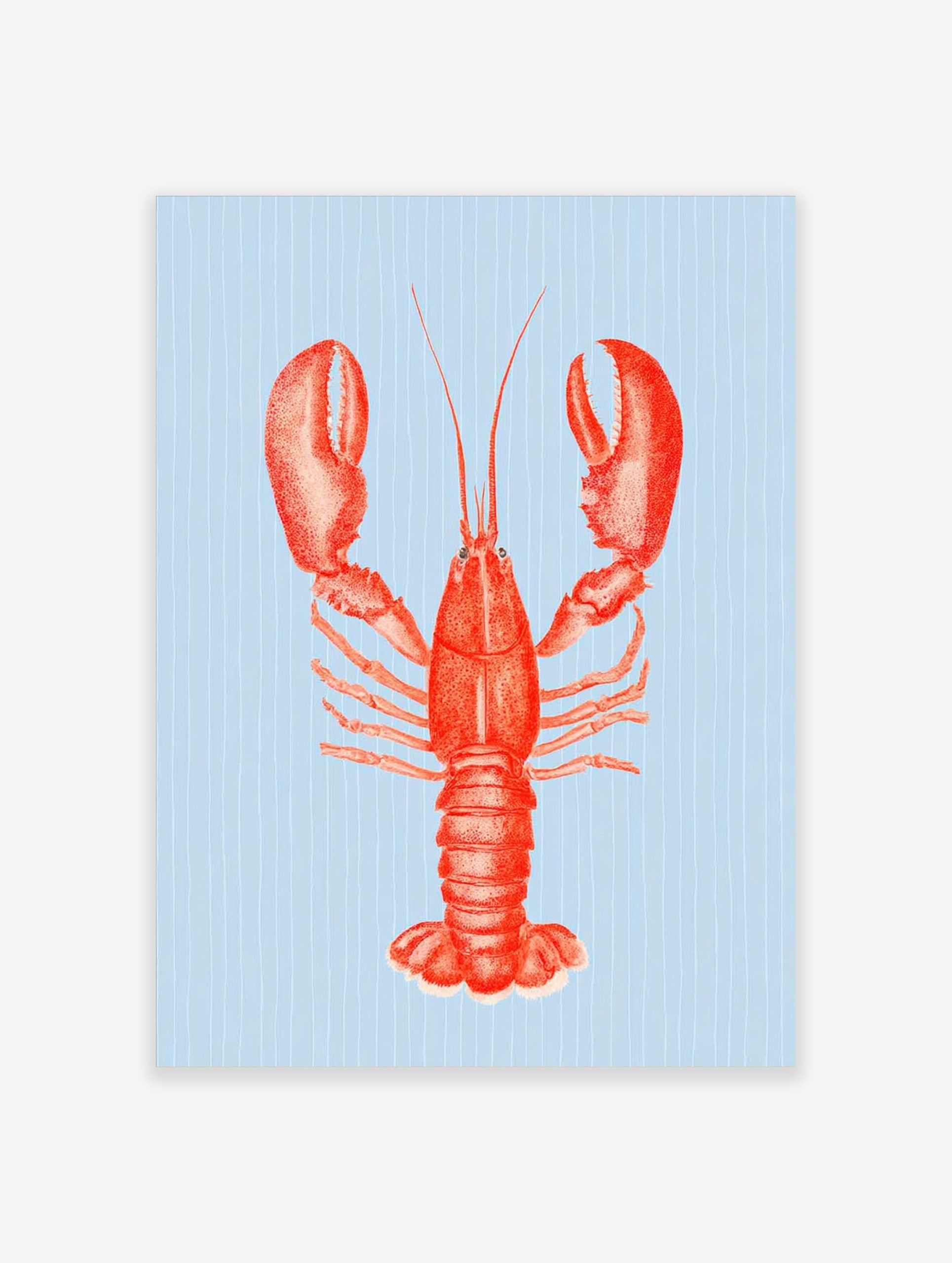 Red lobster illustration art print with large claws on a light blue striped background in portrait orientation