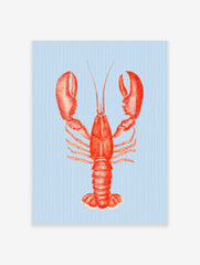 Red lobster illustration art print with large claws on a light blue striped background in portrait orientation