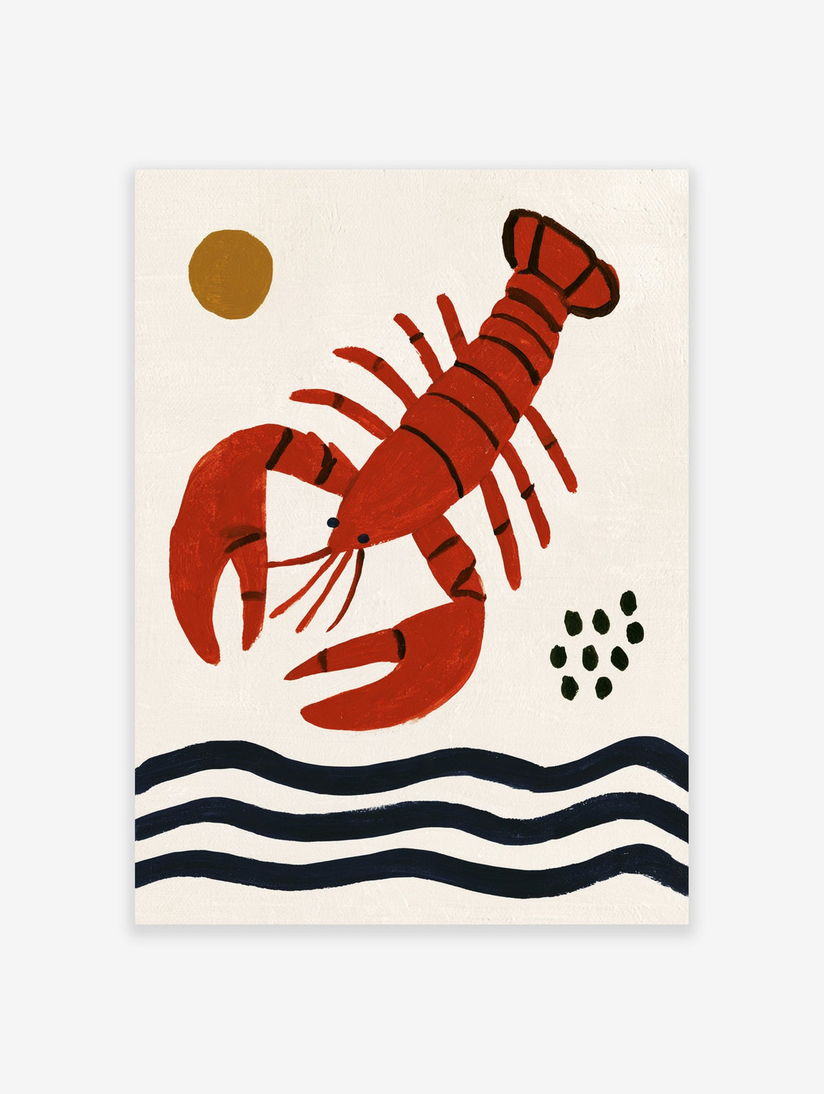 Illustrative red lobster wall art with a golden sun and dark blue waves on a cream background