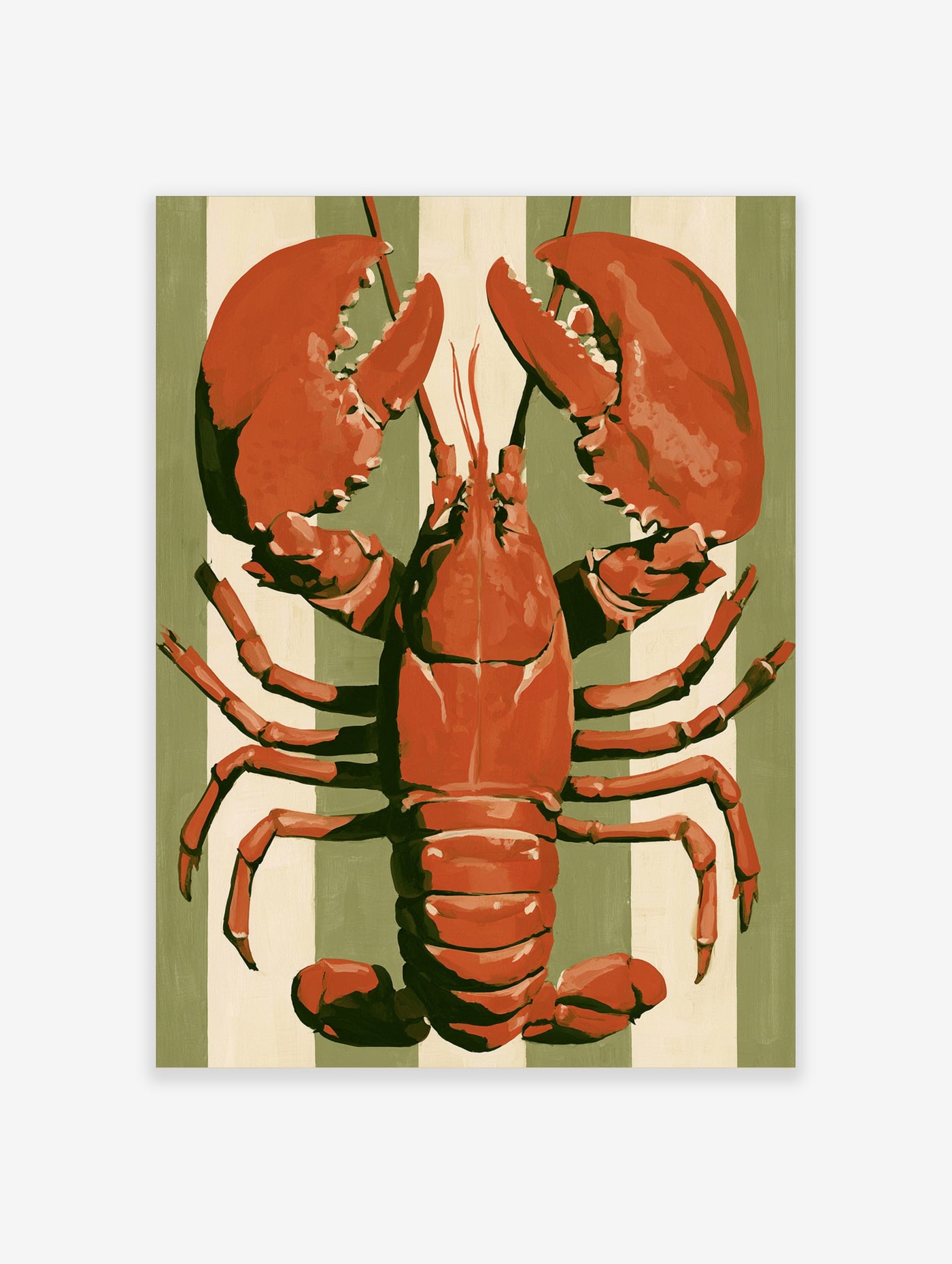 Graphic illustration of a red lobster on a background of vertical olive green and cream stripes