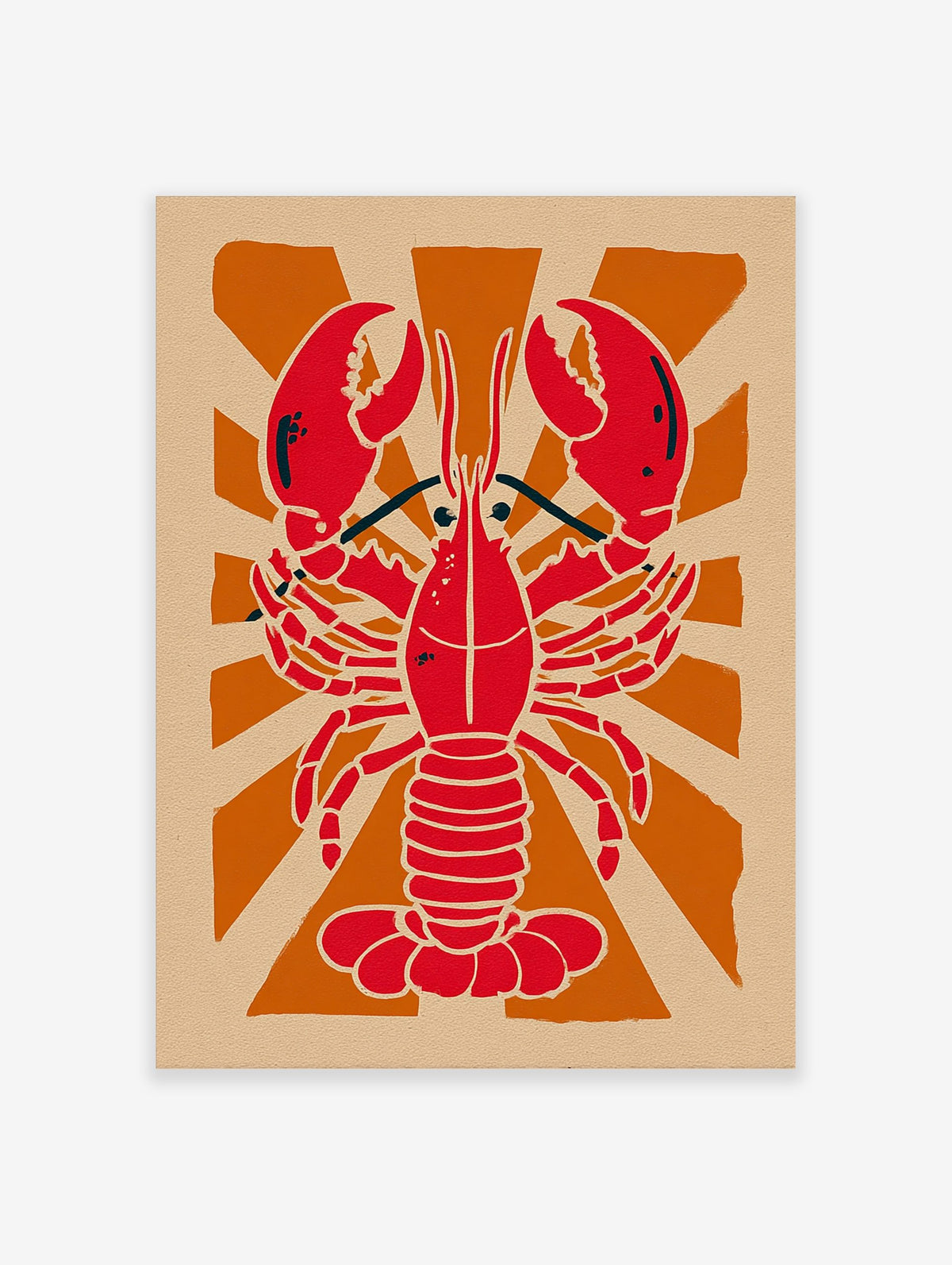Red lobster illustration against an orange sunburst background on beige paper in a graphic style