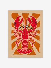 Red lobster illustration against an orange sunburst background on beige paper in a graphic style